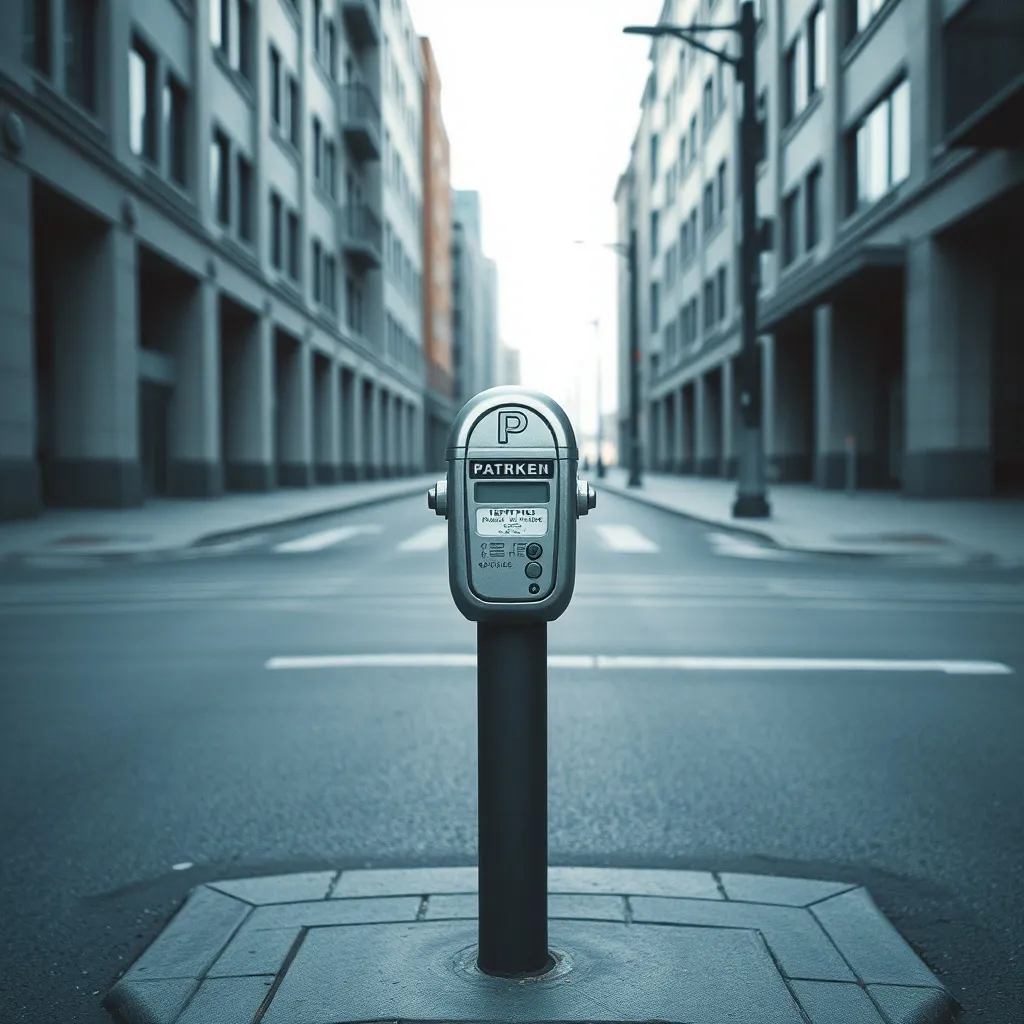 A minimalist, cold-toned photo of a metal parking meter on a